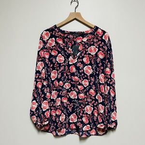 Adrianna Papell Navy Floral V-Neck Long Sleeve Blouse